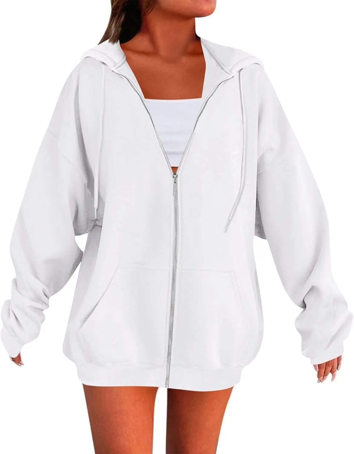Womens Fleece Zip Up Jacket Oversized Long Sleeve Zip Up Pullover Casual Comfy Drawstring Hoodies with Pockets