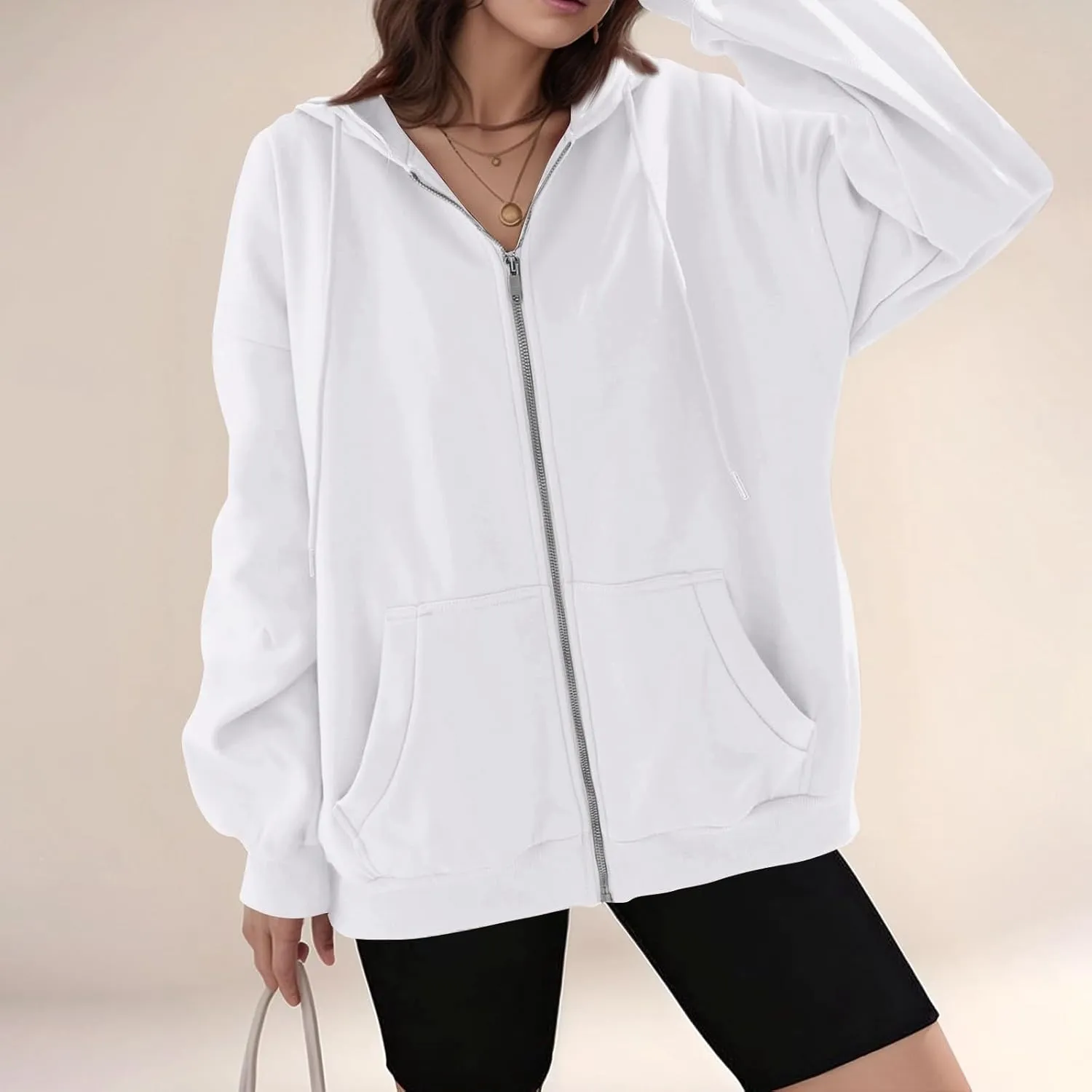 Womens Fleece Zip Up Jacket Oversized Long Sleeve Zip Up Pullover Casual Comfy Drawstring Hoodies with Pockets