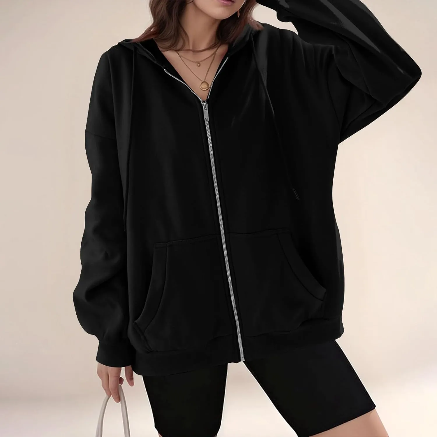 Womens Fleece Zip Up Jacket Oversized Long Sleeve Zip Up Pullover Casual Comfy Drawstring Hoodies with Pockets