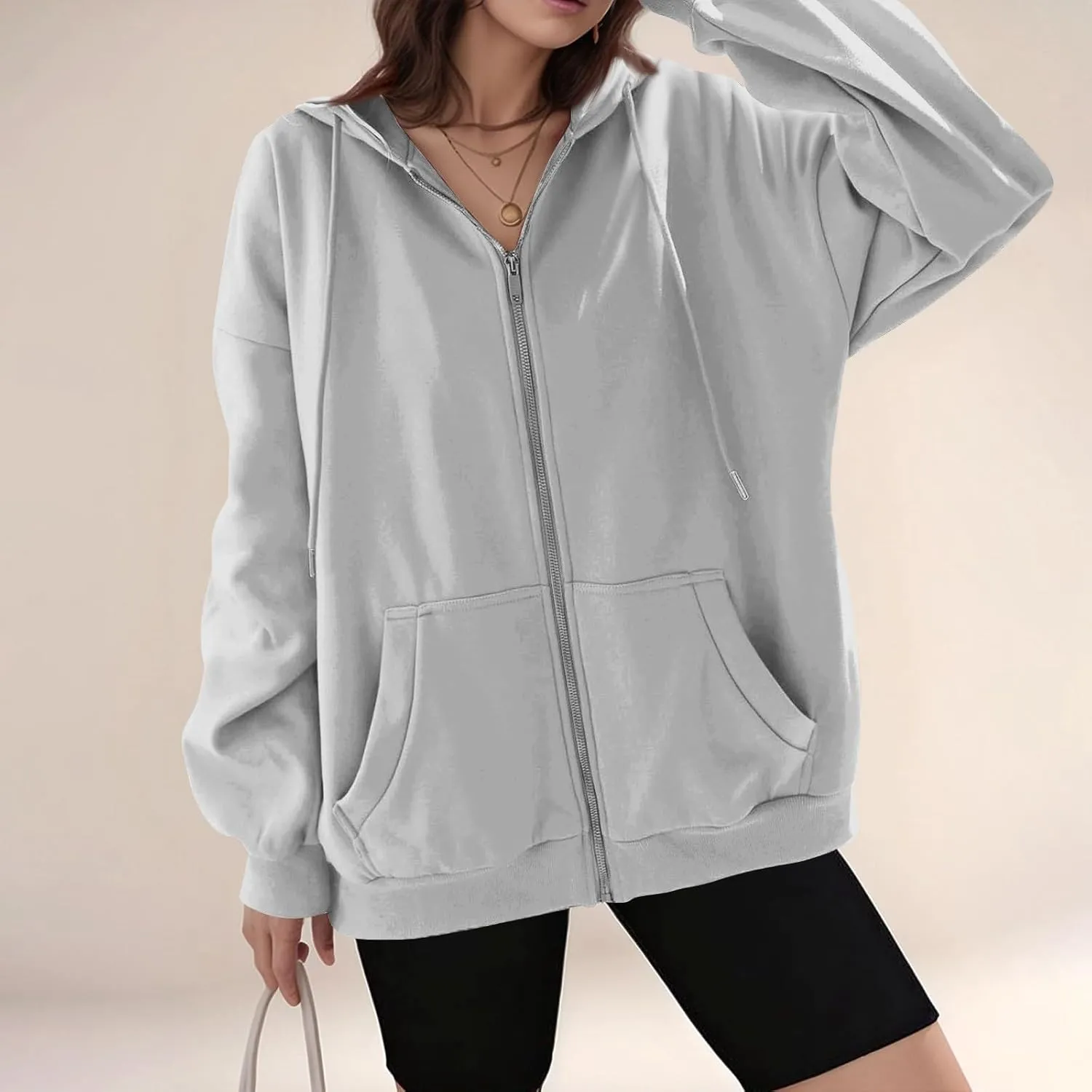 Womens Fleece Zip Up Jacket Oversized Long Sleeve Zip Up Pullover Casual Comfy Drawstring Hoodies with Pockets