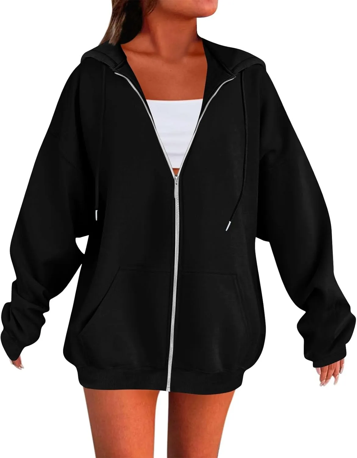 Womens Fleece Zip Up Jacket Oversized Long Sleeve Zip Up Pullover Casual Comfy Drawstring Hoodies with Pockets