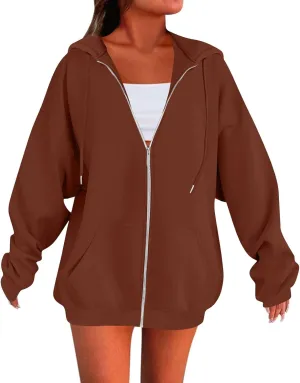 Womens Fleece Zip Up Jacket Oversized Long Sleeve Zip Up Pullover Casual Comfy Drawstring Hoodies with Pockets