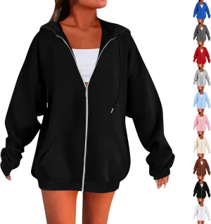 Womens Fleece Zip Up Jacket Oversized Long Sleeve Zip Up Pullover Casual Comfy Drawstring Hoodies with Pockets