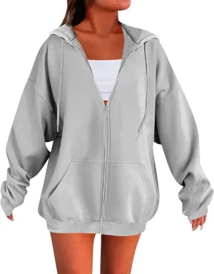 Womens Fleece Zip Up Jacket Oversized Long Sleeve Zip Up Pullover Casual Comfy Drawstring Hoodies with Pockets