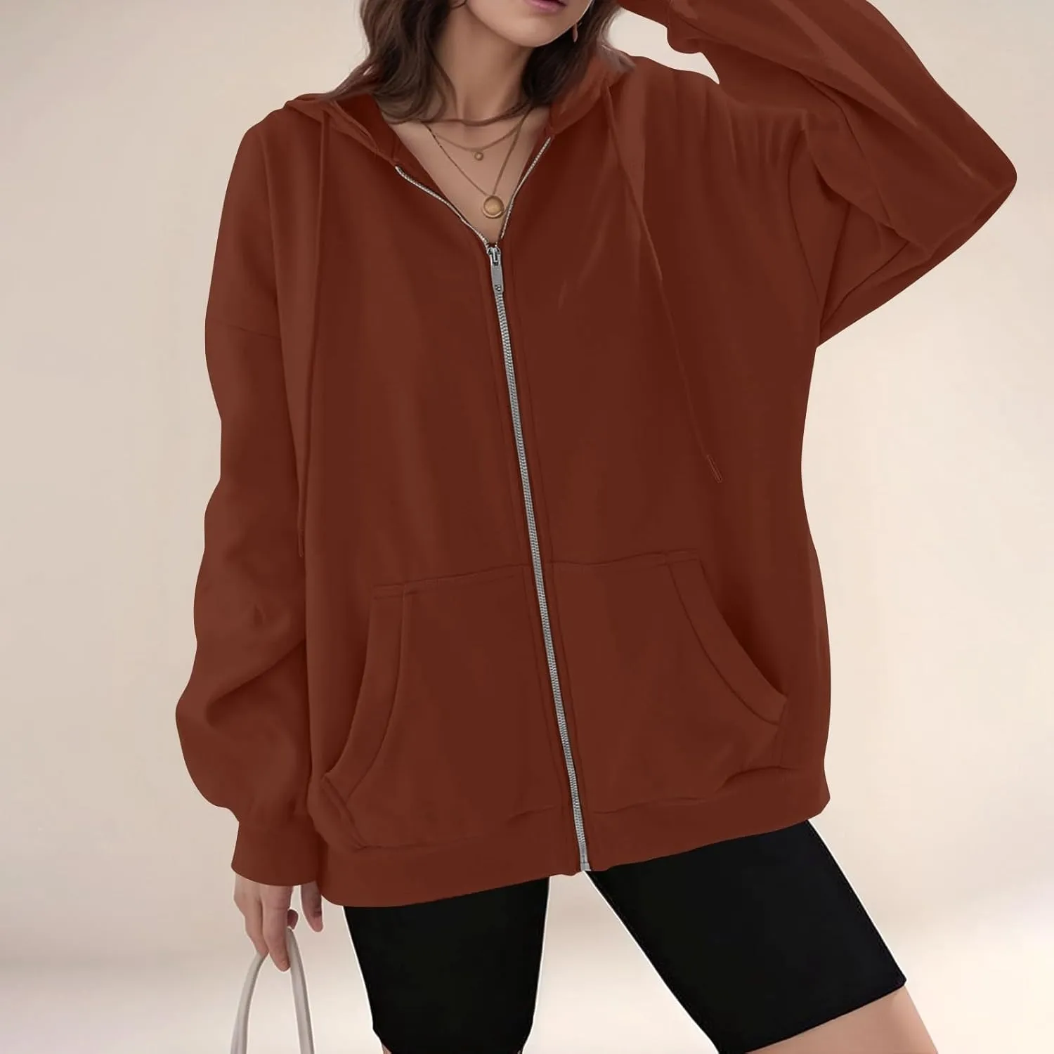 Womens Fleece Zip Up Jacket Oversized Long Sleeve Zip Up Pullover Casual Comfy Drawstring Hoodies with Pockets