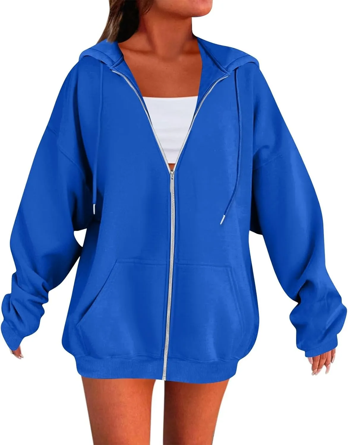 Womens Fleece Zip Up Jacket Oversized Long Sleeve Zip Up Pullover Casual Comfy Drawstring Hoodies with Pockets