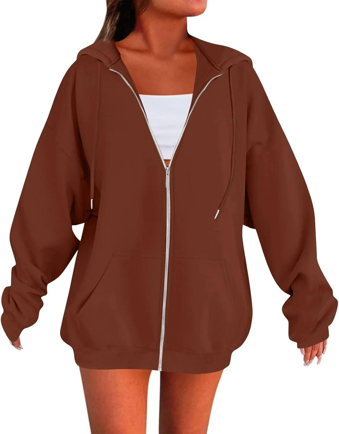 Womens Fleece Zip Up Jacket Oversized Long Sleeve Zip Up Pullover Casual Comfy Drawstring Hoodies with Pockets