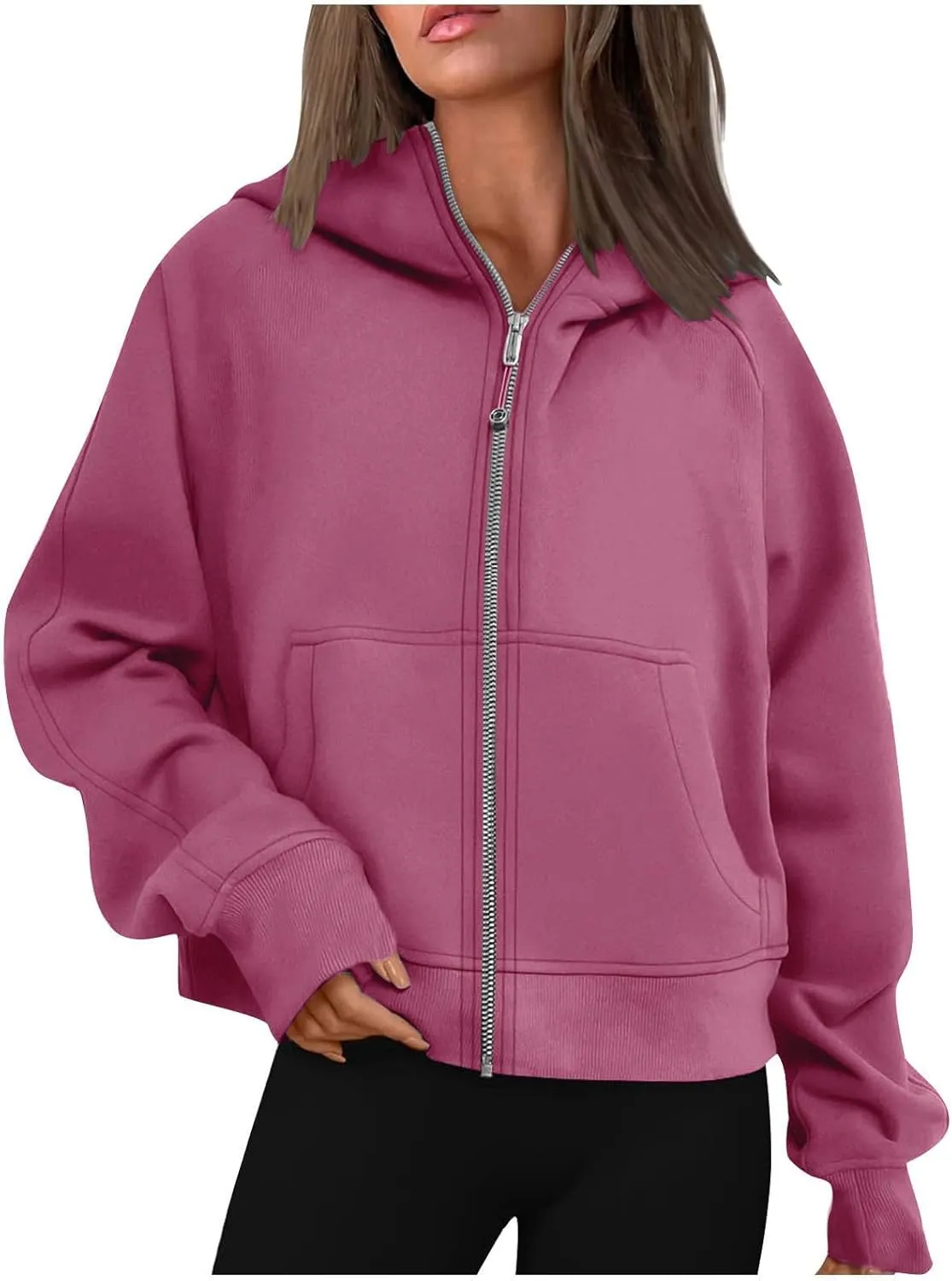 Womens Full-Zip Hoodie Fashion Oversized Solid Crewneck Fit Sweatshirts Long Sleeve Shirt Trendy Fall Outfits Tops