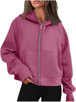 Womens Full-Zip Hoodie Fashion Oversized Solid Crewneck Fit Sweatshirts Long Sleeve Shirt Trendy Fall Outfits Tops