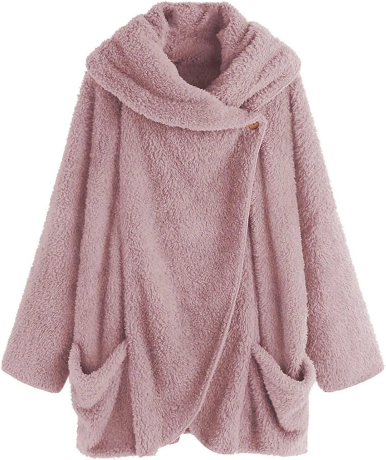 Womens Fuzzy Fleece Open Front Cardigan Jackets Asymmetrical Button Fluffy Winter Sherpa Outerwear Coats with Pockets