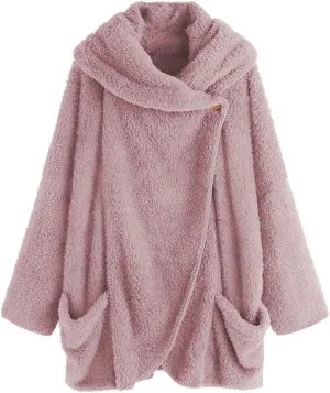 Womens Fuzzy Fleece Open Front Cardigan Jackets Asymmetrical Button Fluffy Winter Sherpa Outerwear Coats with Pockets