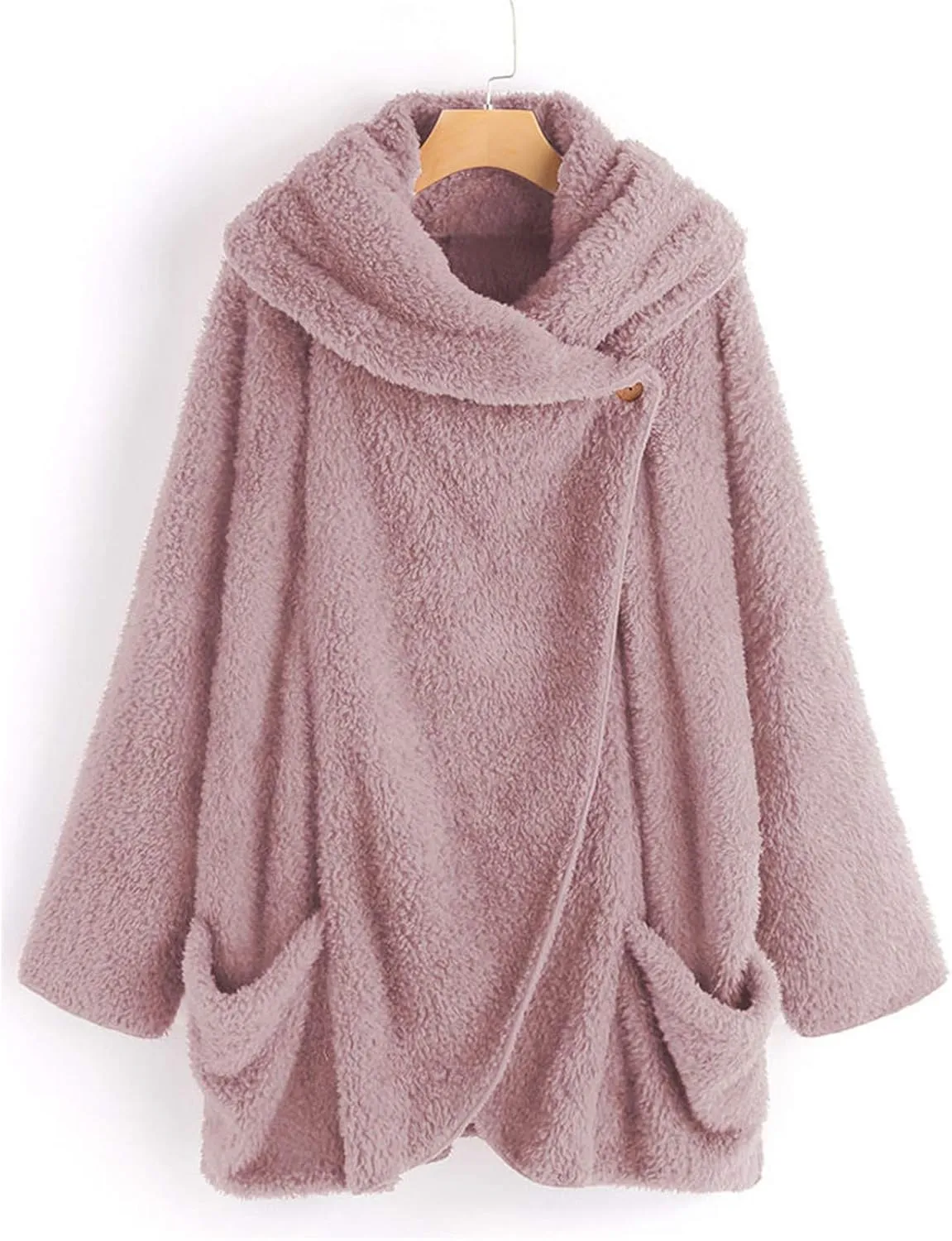 Womens Fuzzy Fleece Open Front Cardigan Jackets Asymmetrical Button Fluffy Winter Sherpa Outerwear Coats with Pockets