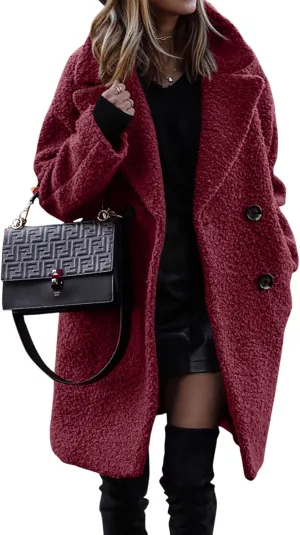 Women's Fuzzy Fleece Trench Coat Notched Lapel Collar Double Breasted Pea Coat Winter Wool Blend Over Coats