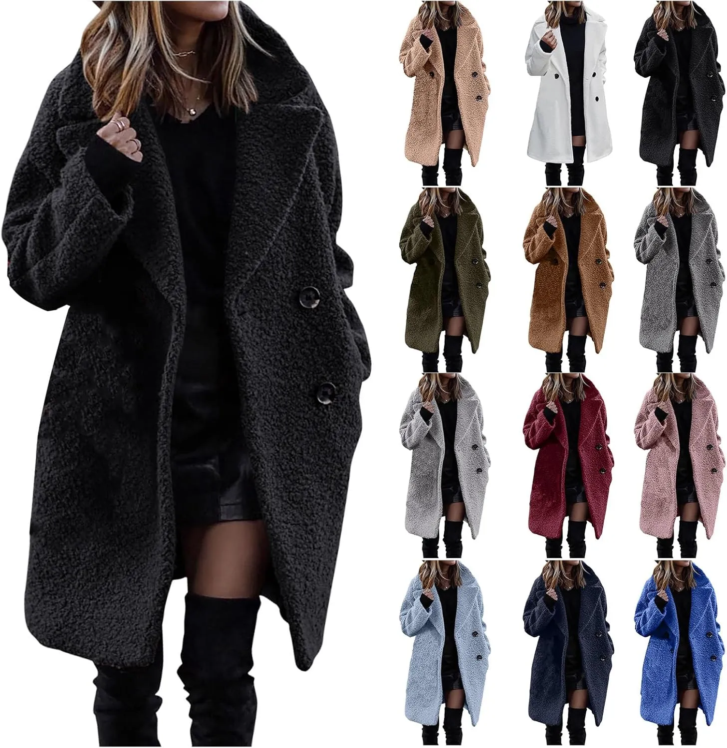 Women's Fuzzy Fleece Trench Coat Notched Lapel Collar Double Breasted Pea Coat Winter Wool Blend Over Coats