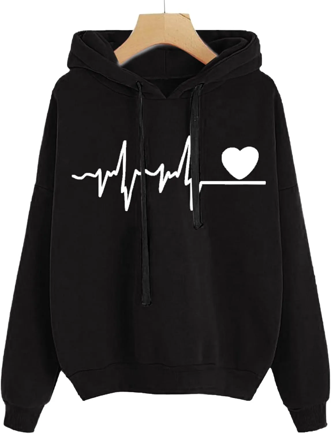 Women's Graphic Letter Heart Print Long Sleeve Hoodie Sweatshirt with Pocket Loose Oversized Drawstring Pullover