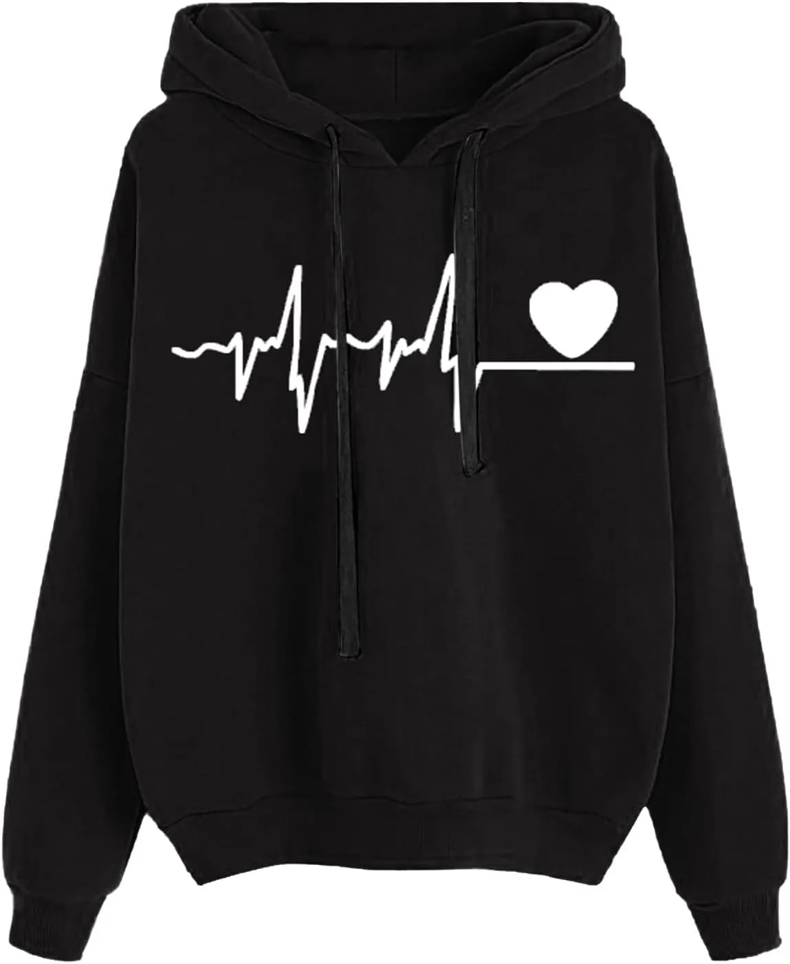 Women's Graphic Letter Heart Print Long Sleeve Hoodie Sweatshirt with Pocket Loose Oversized Drawstring Pullover
