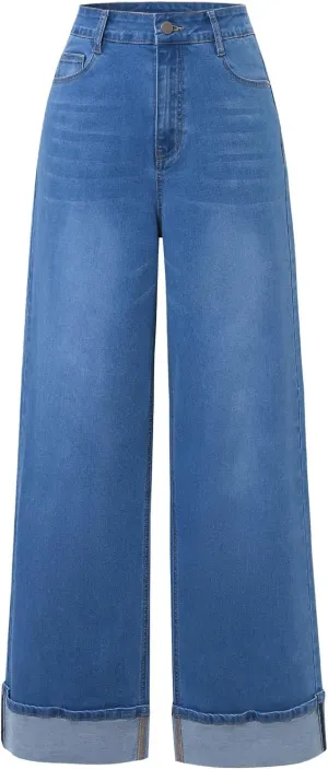 Women's High Waisted Wide Leg Jeans Stretch Denim Pants with Cuffed Hem