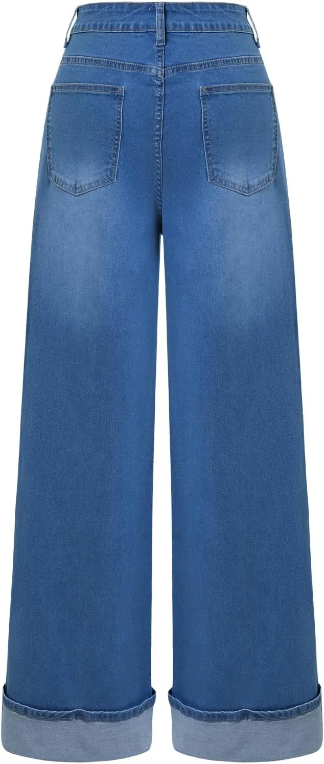 Women's High Waisted Wide Leg Jeans Stretch Denim Pants with Cuffed Hem