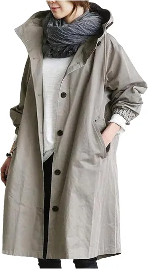 Womens Lightweight Hooded Jacket Oversized Button Down Coats Fall Winter Long Sleeve Trench Coat Peacoat
