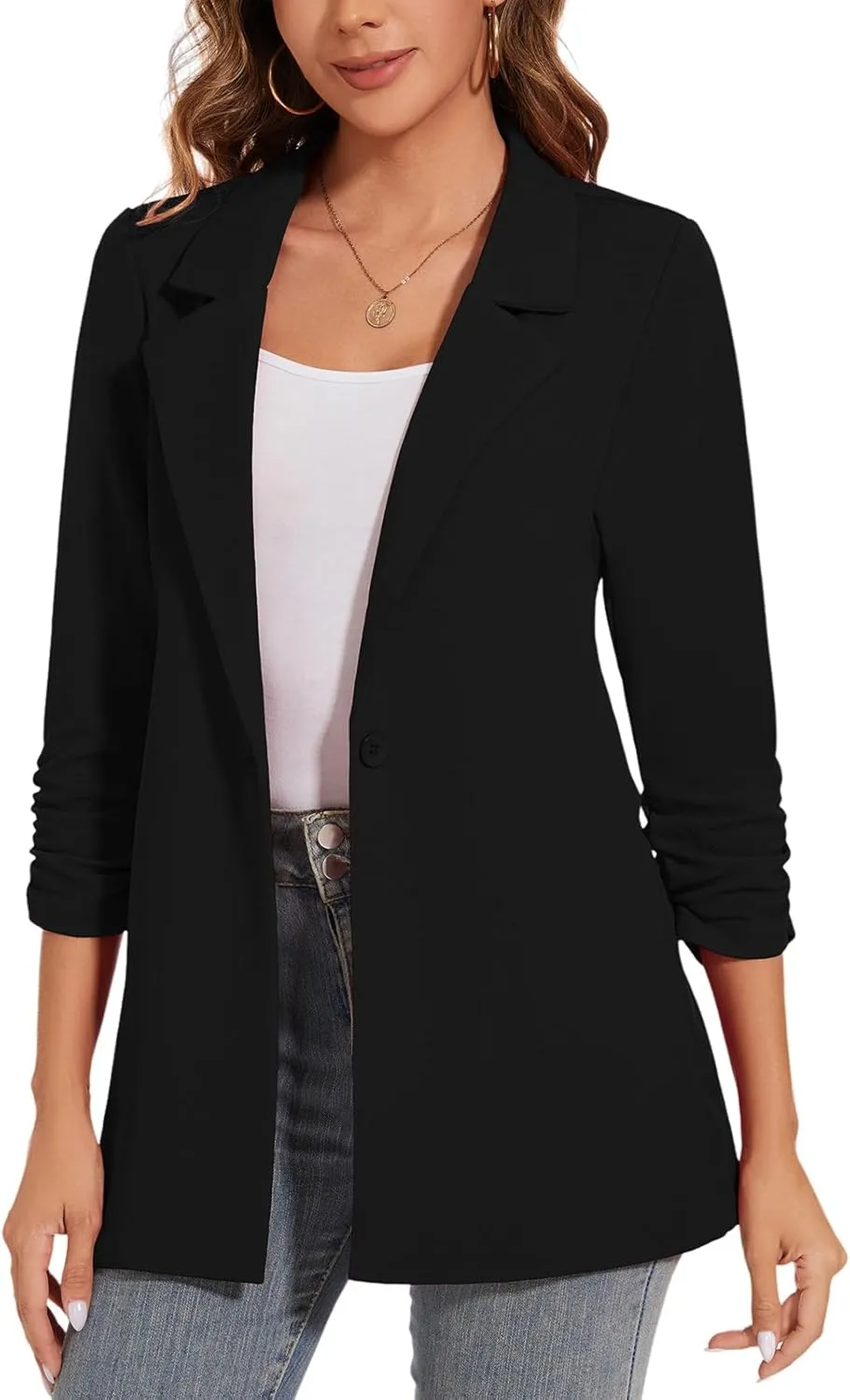 Women's Long Blazer Jackets Button Front Lapel Ruched 3/4 Sleeve Business Casual Office Work Lightweight Blazers