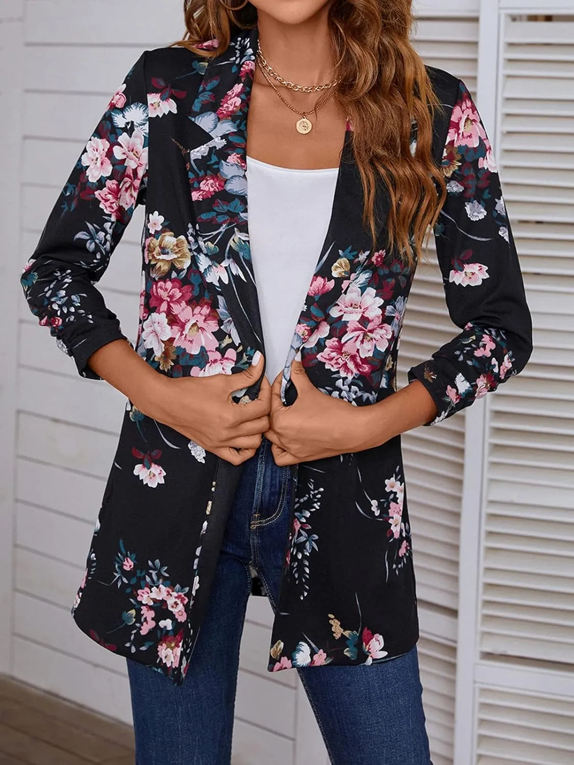 Women's Long Blazer Jackets Button Front Lapel Ruched 3/4 Sleeve Business Casual Office Work Lightweight Blazers