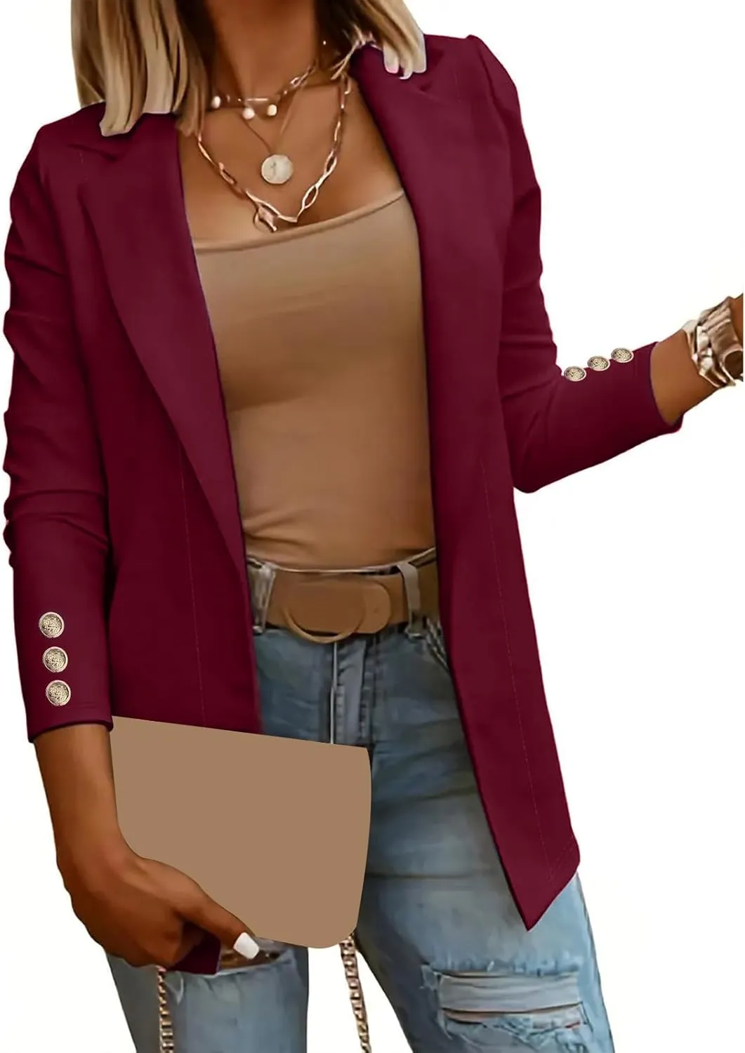 Womens Long Sleeve Blazers Dressy Lapel Open Front Blazer Casual Solid Color Lightweight Suit Jacket with Buttons