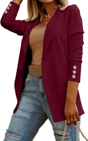 Womens Long Sleeve Blazers Dressy Lapel Open Front Blazer Casual Solid Color Lightweight Suit Jacket with Buttons