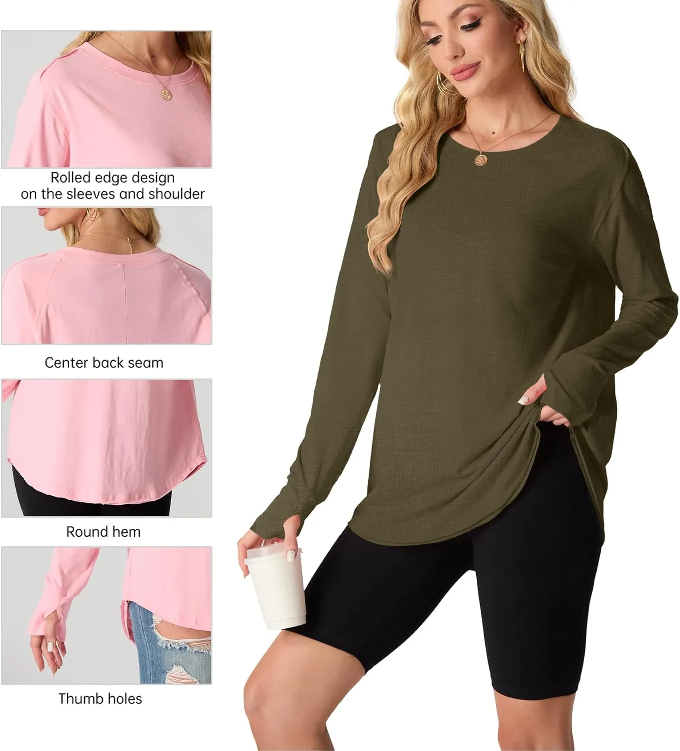 Women's Long Sleeve Shirts Oversized Tunic Tops Crew Neck Cotton T-Shirts for women