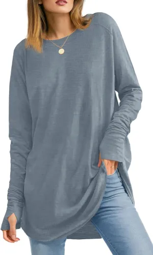 Women's Long Sleeve Shirts Oversized Tunic Tops Crew Neck Cotton T-Shirts for women