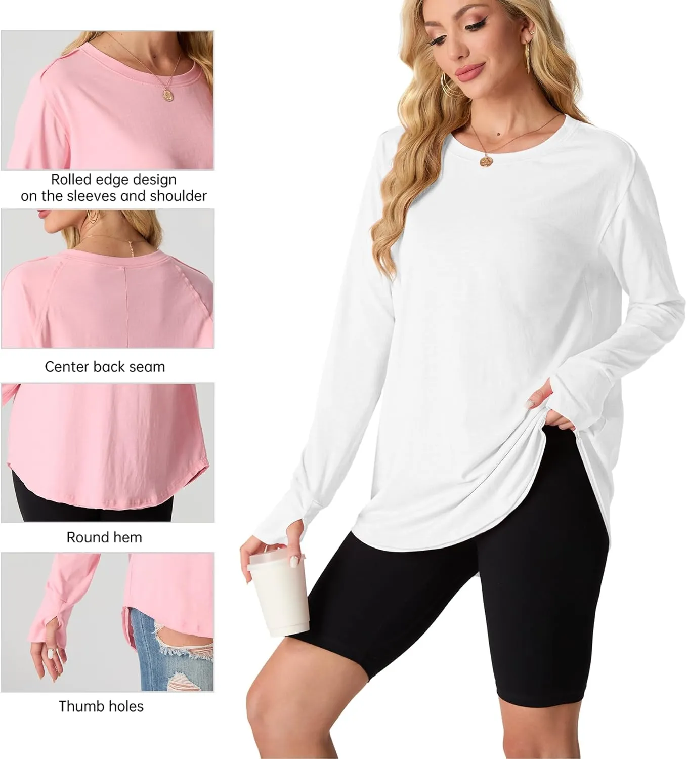 Women's Long Sleeve Shirts Oversized Tunic Tops Crew Neck Cotton T-Shirts for women