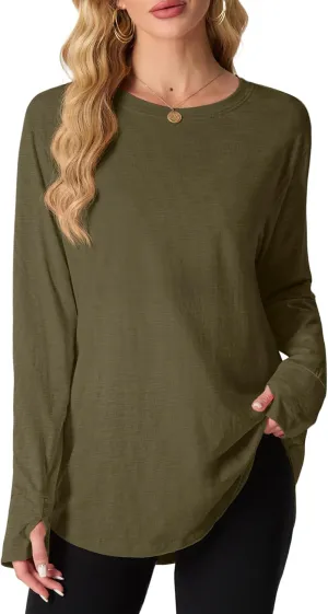 Women's Long Sleeve Shirts Oversized Tunic Tops Crew Neck Cotton T-Shirts for women