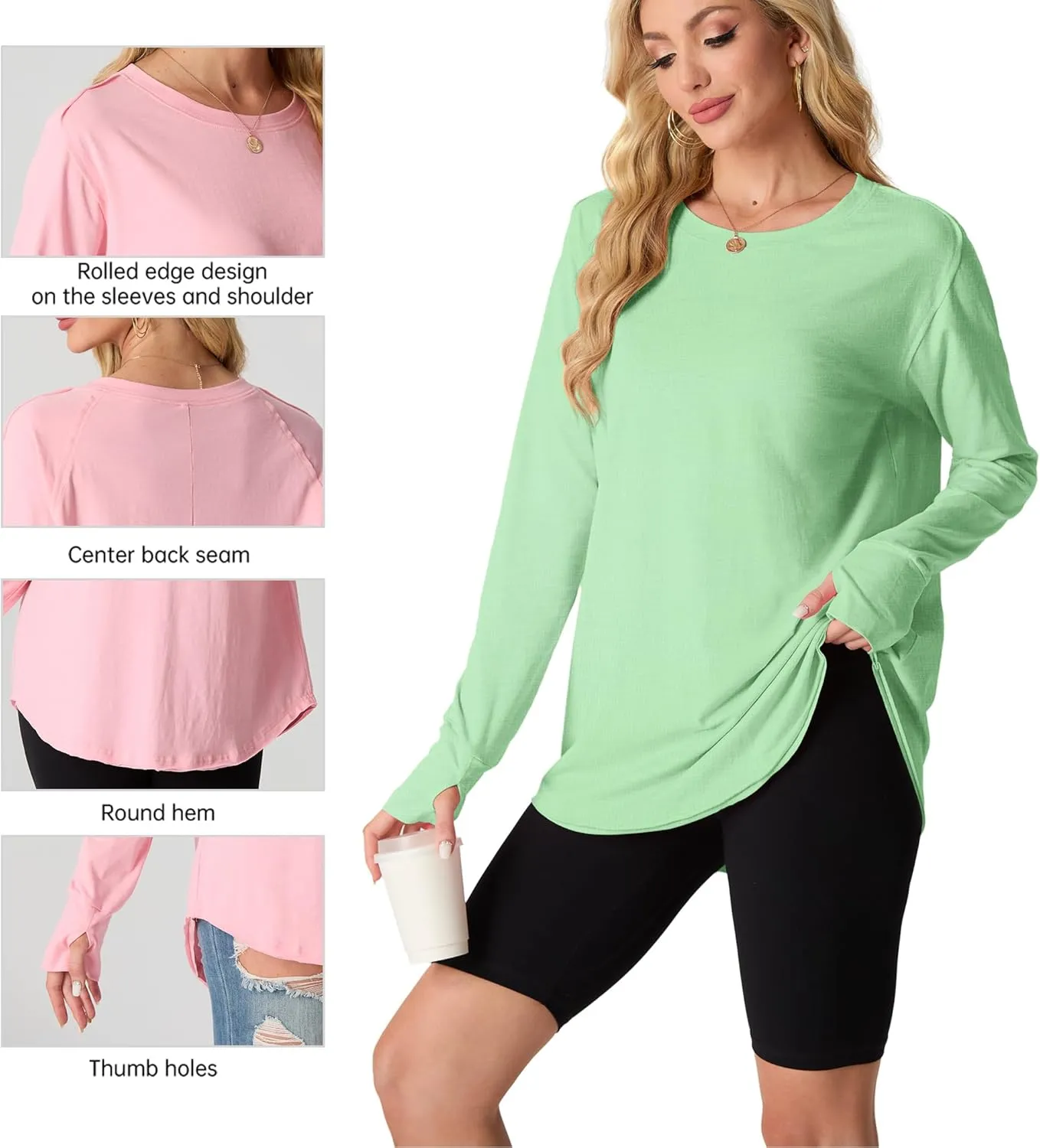 Women's Long Sleeve Shirts Oversized Tunic Tops Crew Neck Cotton T-Shirts for women