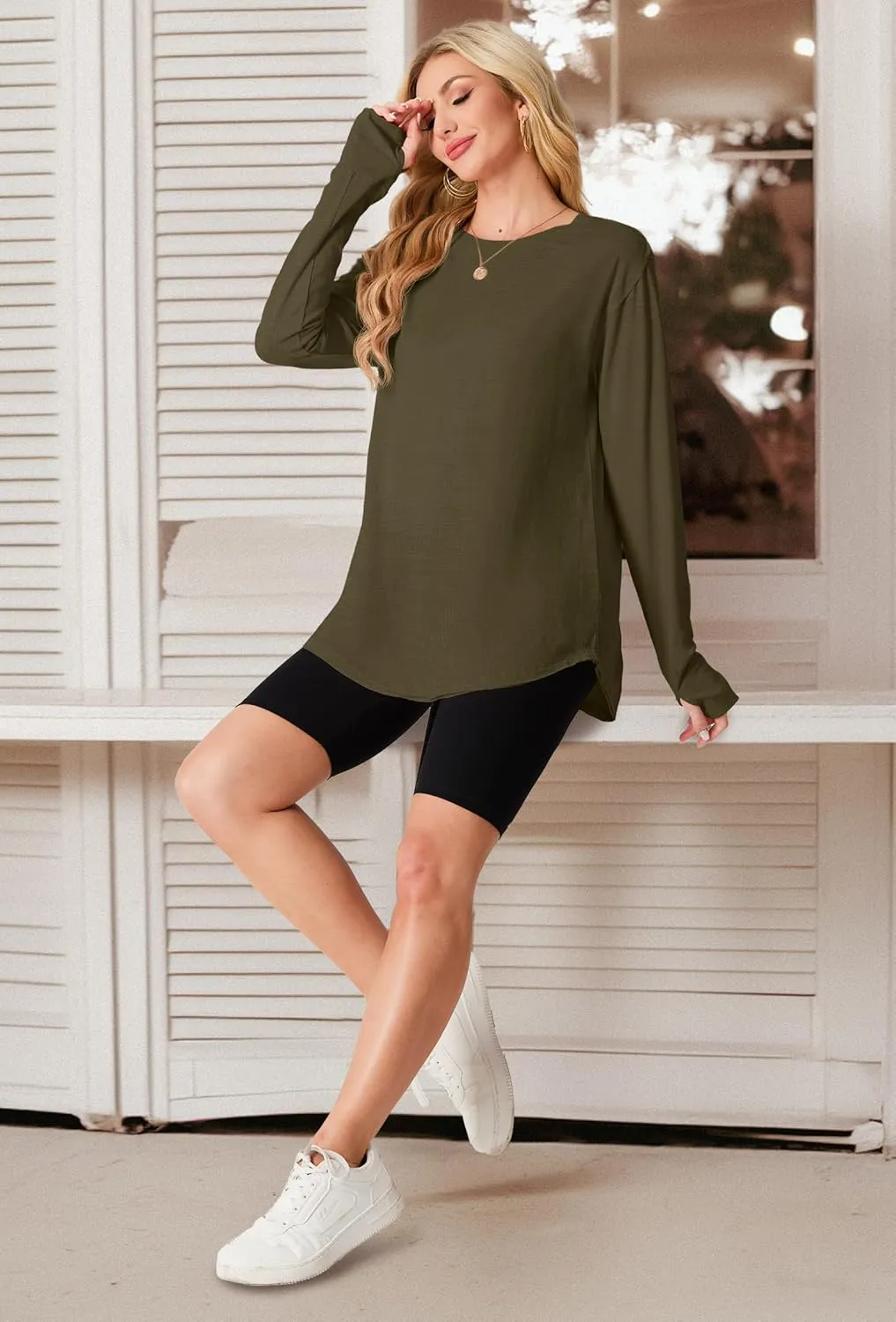 Women's Long Sleeve Shirts Oversized Tunic Tops Crew Neck Cotton T-Shirts for women