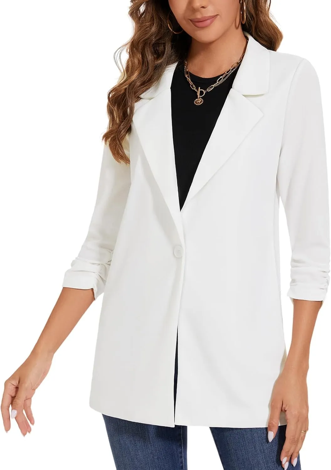 Women's Longline Blazer Button Open Front Lapel Collar 3/4 Sleeve Business Casual Office Work Lightweight Jacket