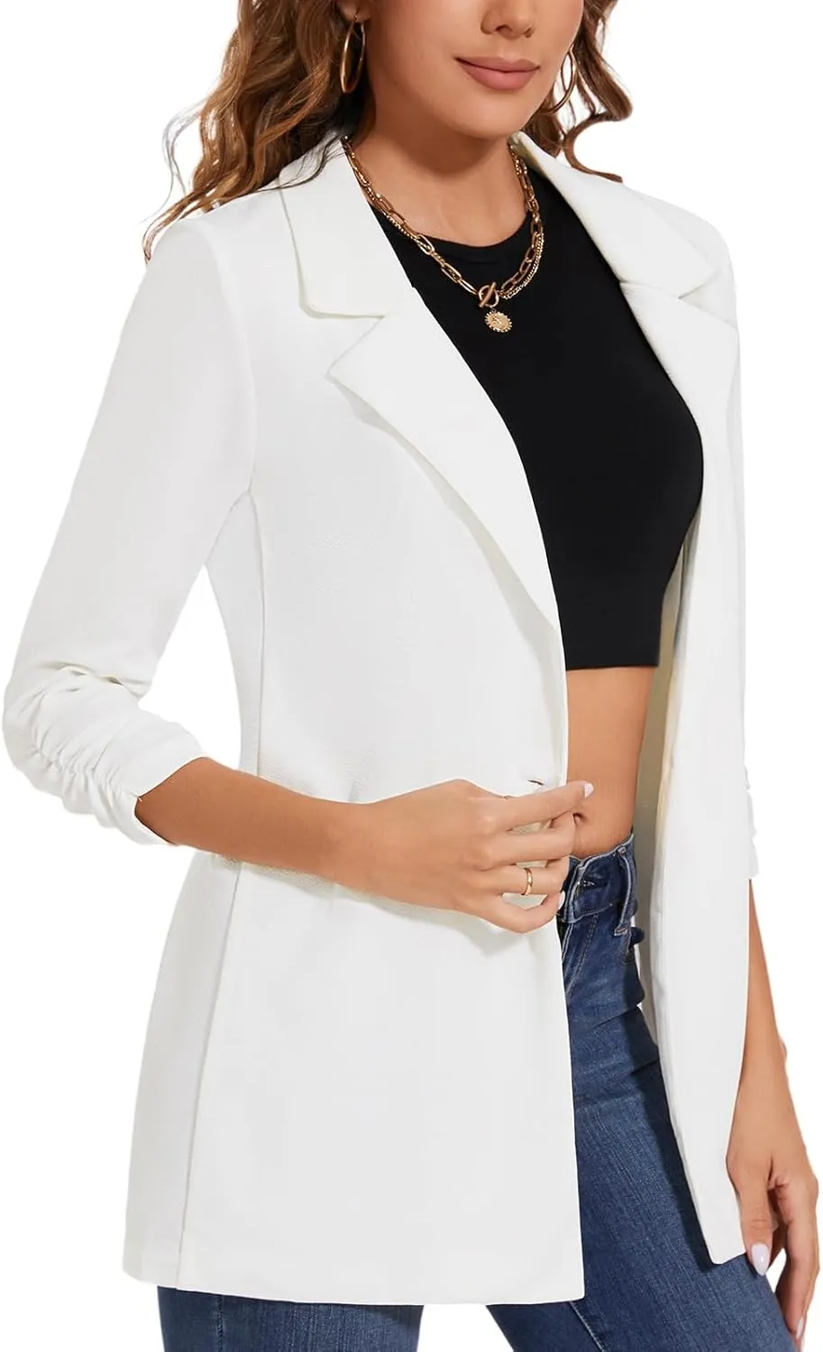 Women's Longline Blazer Button Open Front Lapel Collar 3/4 Sleeve Business Casual Office Work Lightweight Jacket