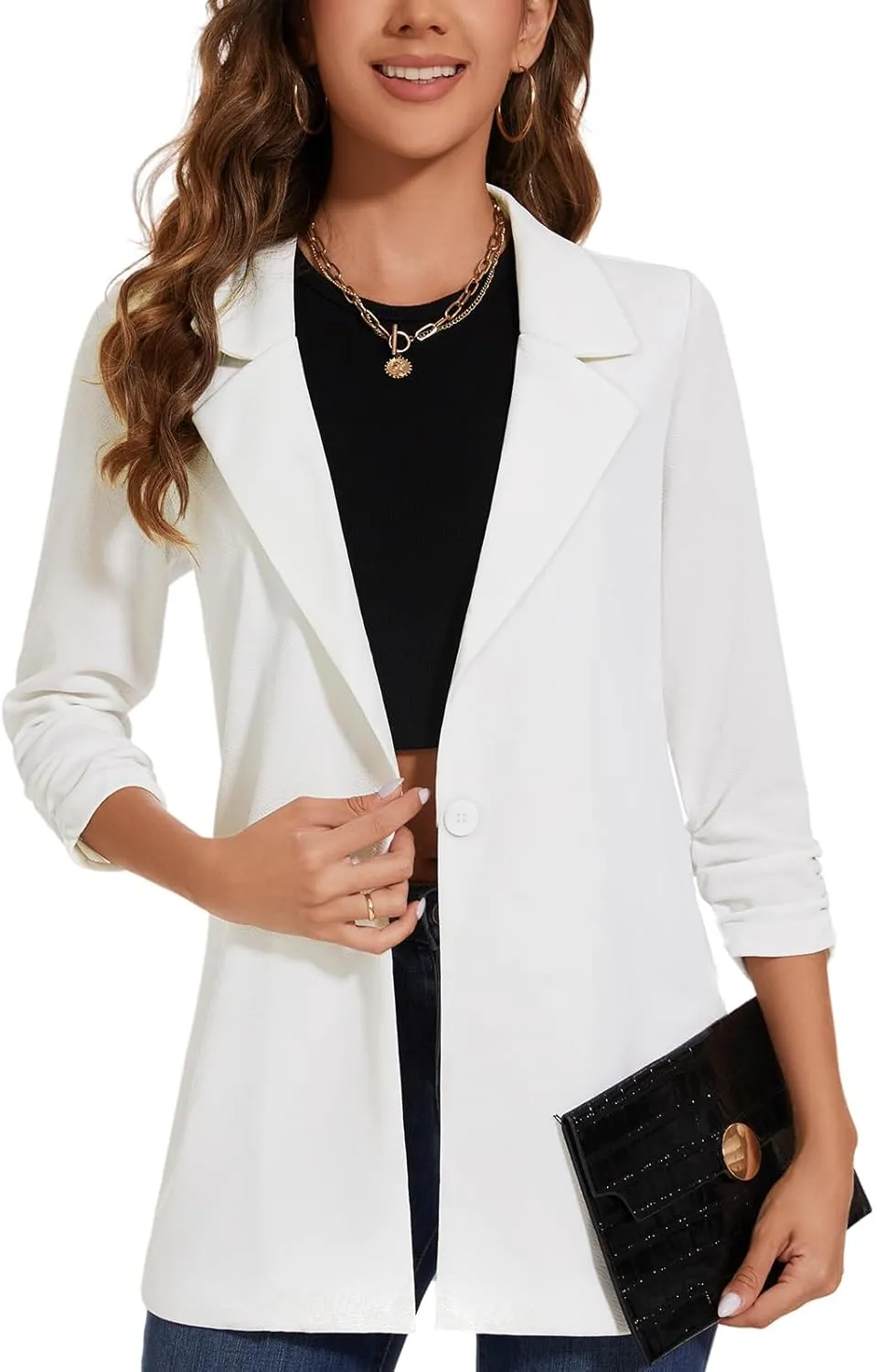 Women's Longline Blazer Button Open Front Lapel Collar 3/4 Sleeve Business Casual Office Work Lightweight Jacket