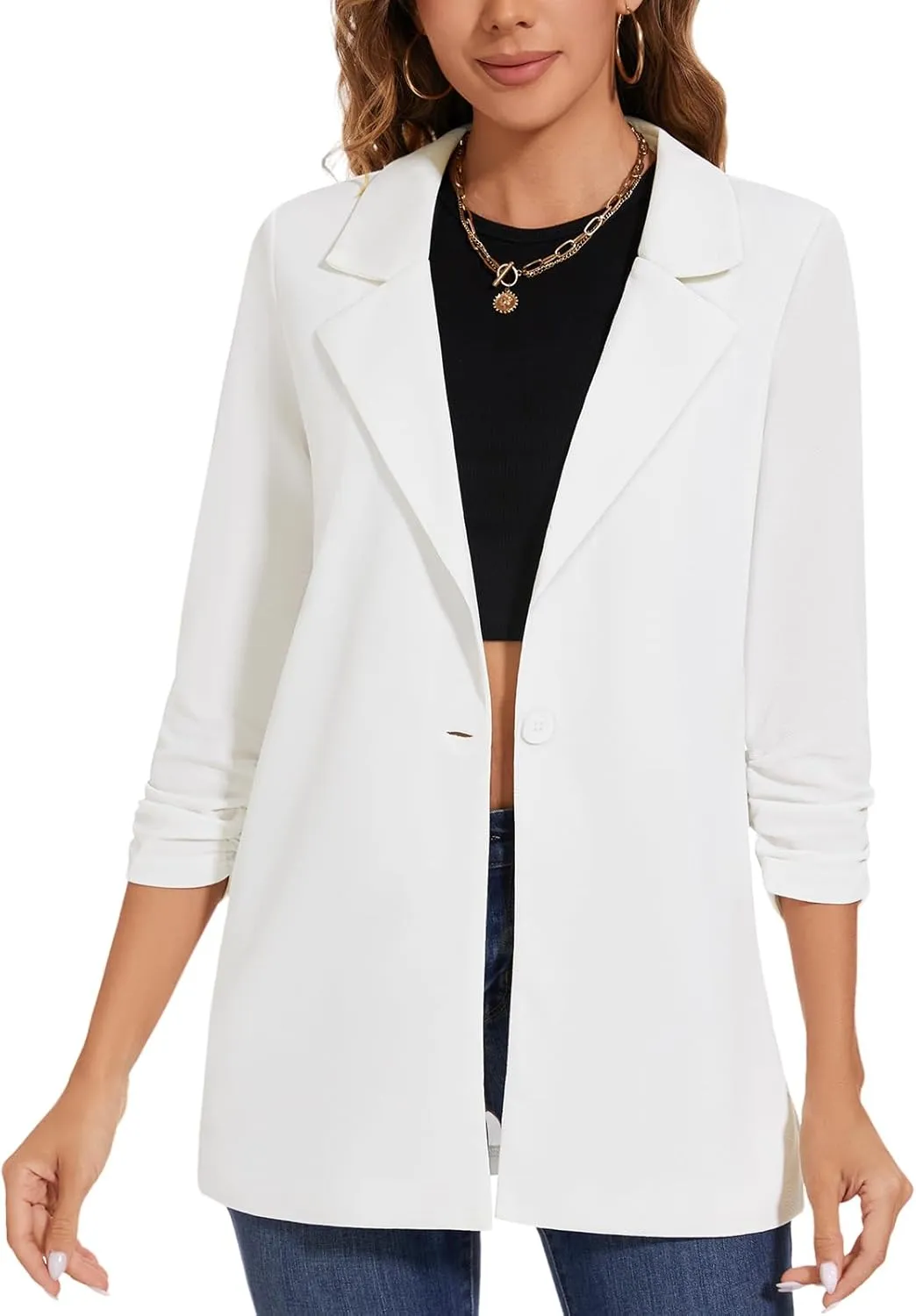Women's Longline Blazer Button Open Front Lapel Collar 3/4 Sleeve Business Casual Office Work Lightweight Jacket