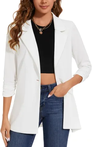 Women's Longline Blazer Button Open Front Lapel Collar 3/4 Sleeve Business Casual Office Work Lightweight Jacket