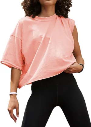 Women's Oversized Crop Tops Roll Hem Half Sleeve T-Shirts Drop Shoulder Casual Summer Tops
