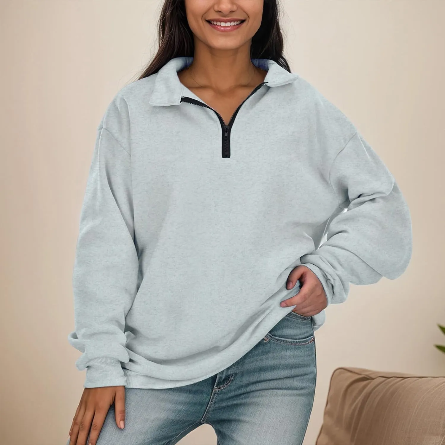 Womens Oversized Half Zip Pullover Casual Long Sleeve Sweatshirt Quarter Zip Trendy Teen Girls Fall Y2k Clothes
