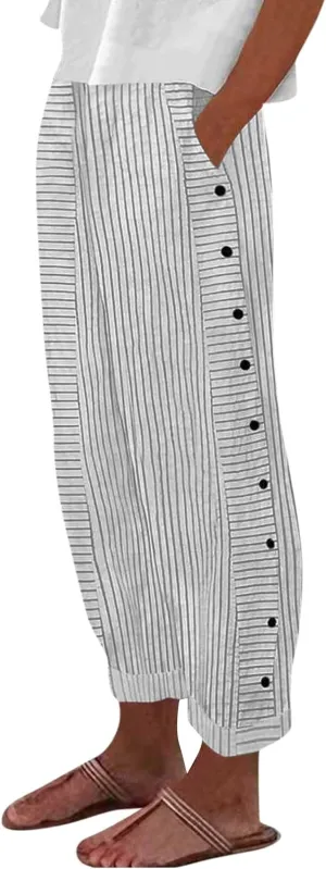Womens Pants, Linen Print Straight Leg Peasant Pants Casual Cotton High Waist
