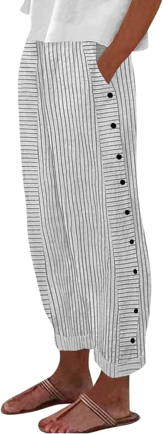 Womens Pants, Linen Print Straight Leg Peasant Pants Casual Cotton High Waist