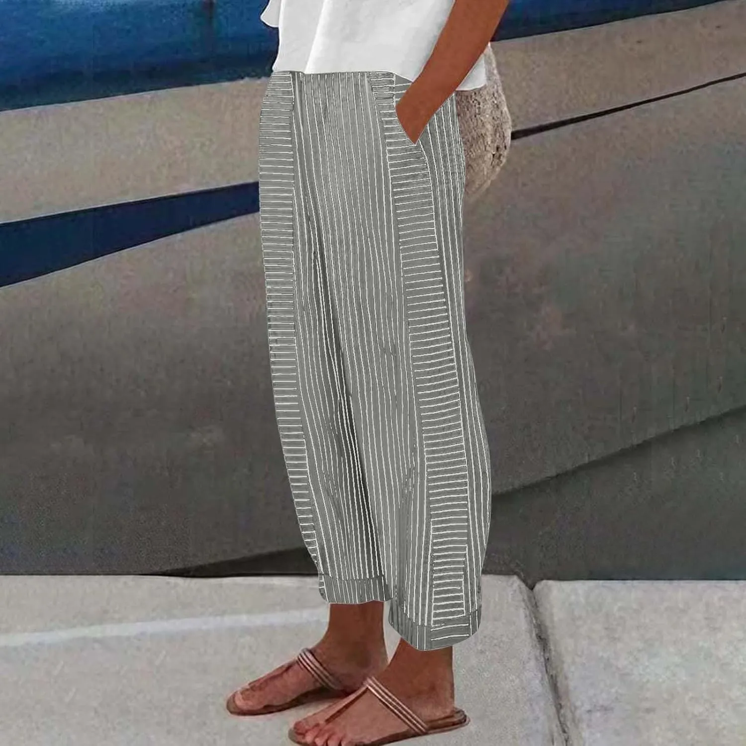Womens Pants, Linen Print Straight Leg Peasant Pants Casual Cotton High Waist