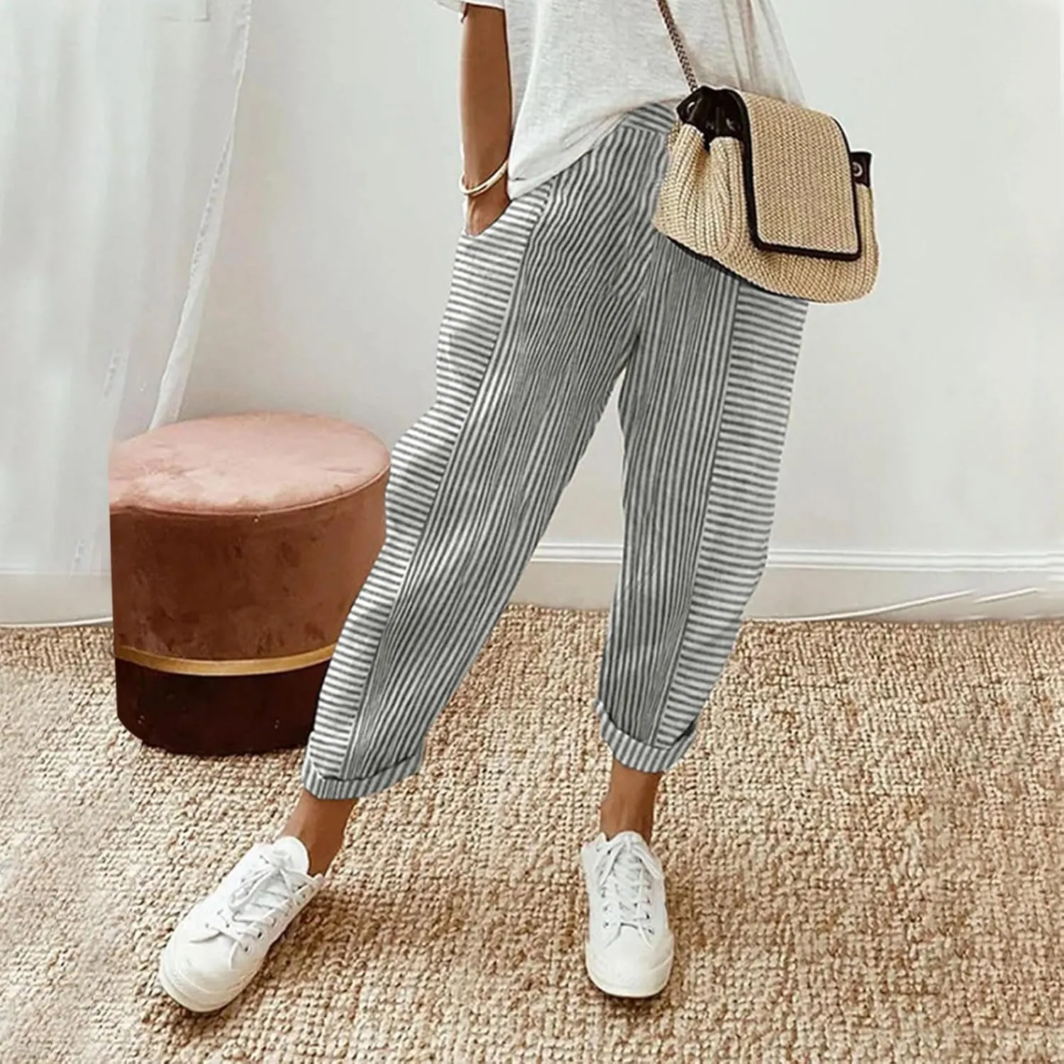 Womens Pants, Linen Print Straight Leg Peasant Pants Casual Cotton High Waist