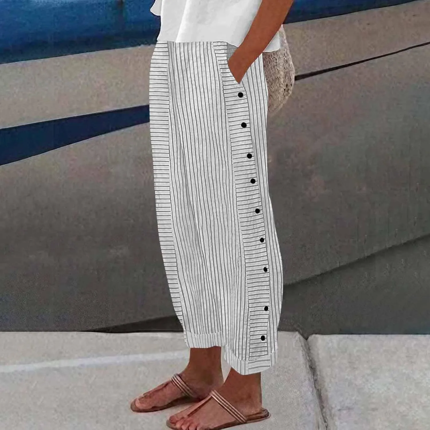 Womens Pants, Linen Print Straight Leg Peasant Pants Casual Cotton High Waist