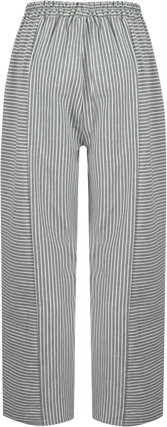 Womens Pants, Linen Print Straight Leg Peasant Pants Casual Cotton High Waist