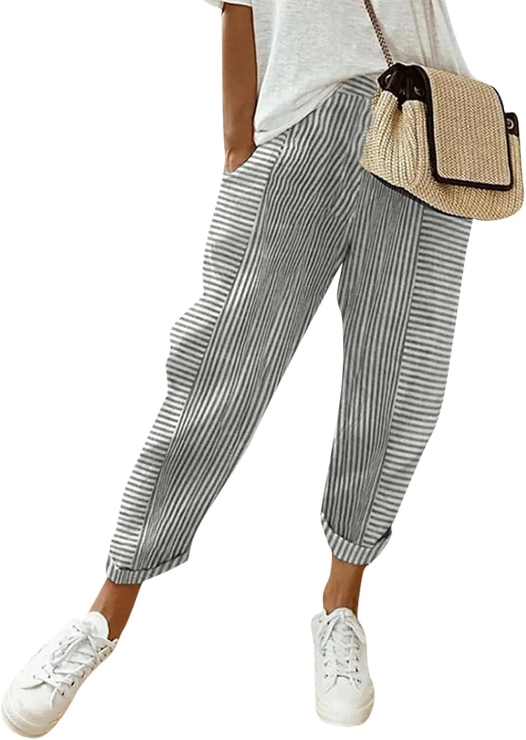 Womens Pants, Linen Print Straight Leg Peasant Pants Casual Cotton High Waist