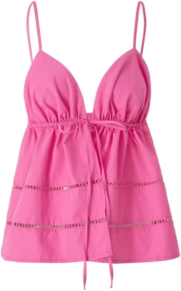 Women's Peplum Camisole Top Summer V-Neck Tie-Front Vest With Spaghetti Straps Streetwear Sleeveless Blouse
