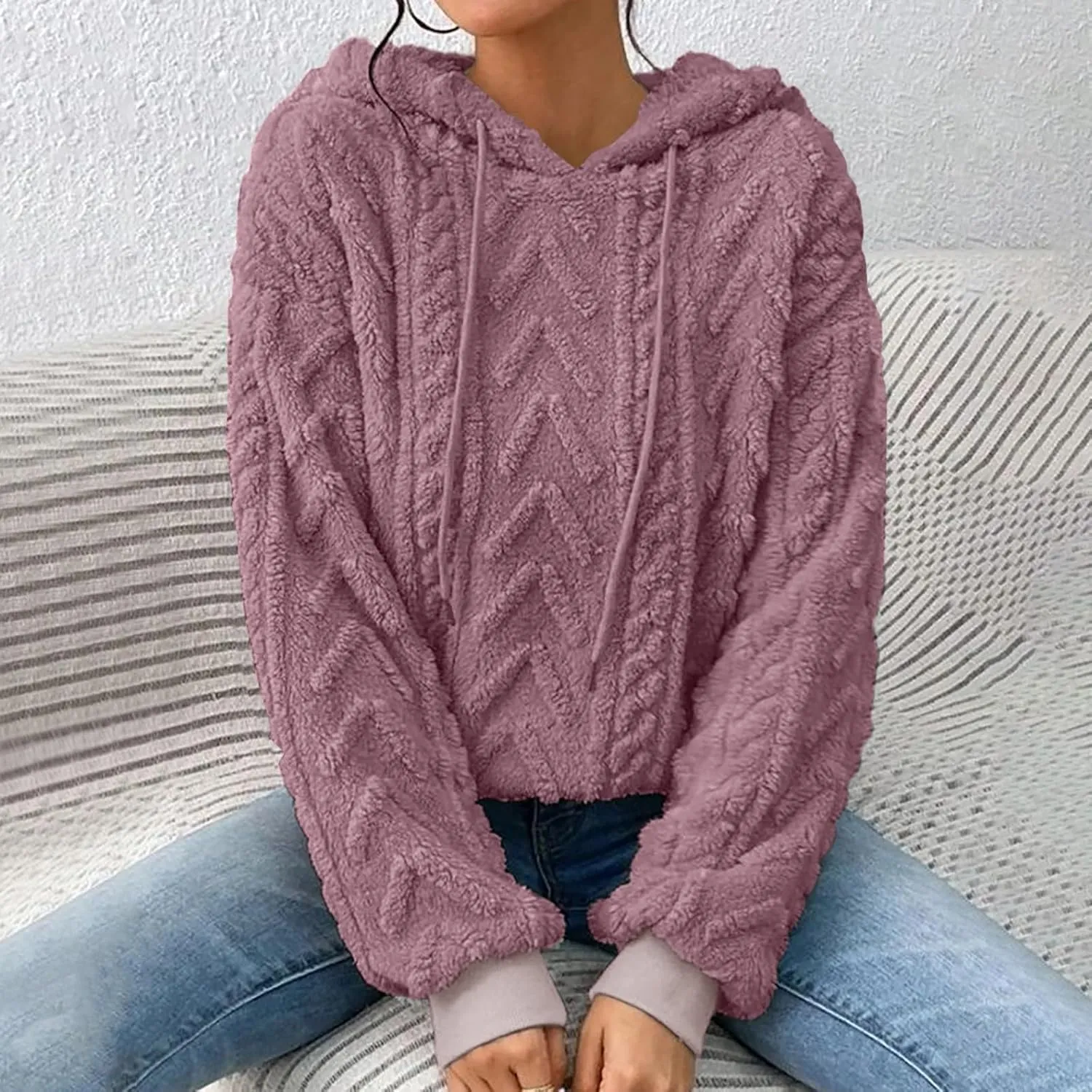 Women’s Slub Knit Full-Zip Hoodie Women's Solid Plush Spliced Women's New Long Sleeve Pullover Fall Outfits with