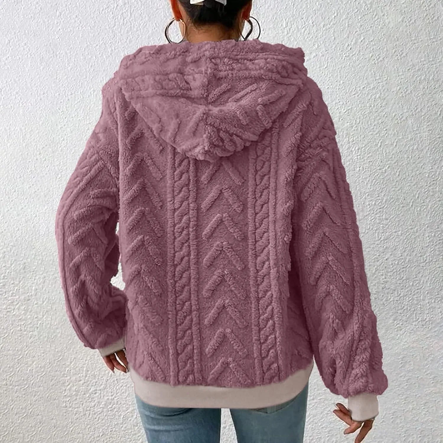 Women’s Slub Knit Full-Zip Hoodie Women's Solid Plush Spliced Women's New Long Sleeve Pullover Fall Outfits with